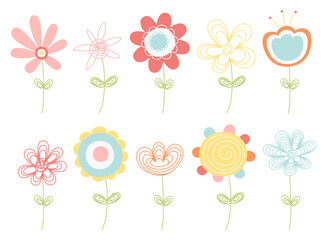 set of colorful doodled flowers