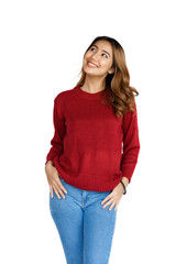 Fototapeta premium Excited confident asian happy woman in winter sweater red color isolated on white background.