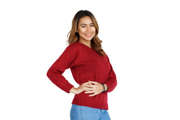 Excited confident asian happy woman in winter sweater red color isolated on white background.