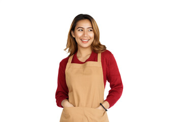Coffee shop SME owner excited brunette asian woman wearing sweater and apron isolated on white background