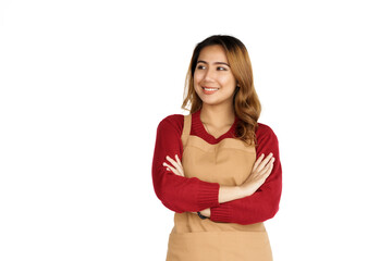 Fototapeta premium Coffee shop SME owner excited brunette asian woman wearing sweater and apron isolated on white background