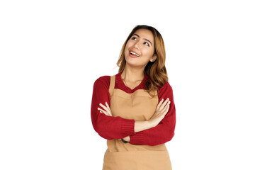 Fototapeta premium Coffee shop SME owner excited brunette asian woman wearing sweater and apron isolated on white background
