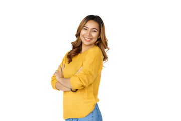 Attractive positive young asian brunette woman in yellow sweater on white background.