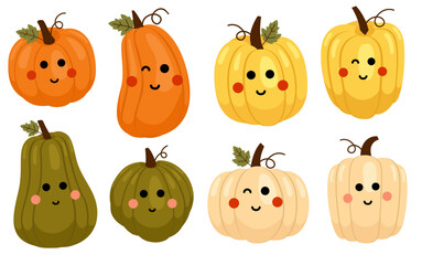 Set of cute pumpkin. Holiday background with carving pumpkins.