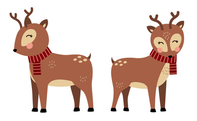 Obraz na płótnie Canvas Brown Deer Vector Illustration Set. Autumn Deer wearing Scraft. Adorable Animal.