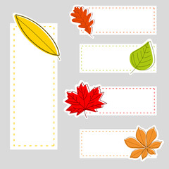 Rectangle labels with autumn leaves. Different, colorful leaves.