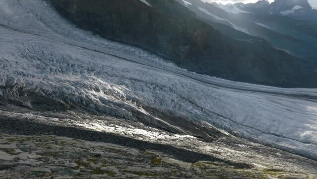 The Monte Rosa hut in Switzerland alps. Drone flight to the left