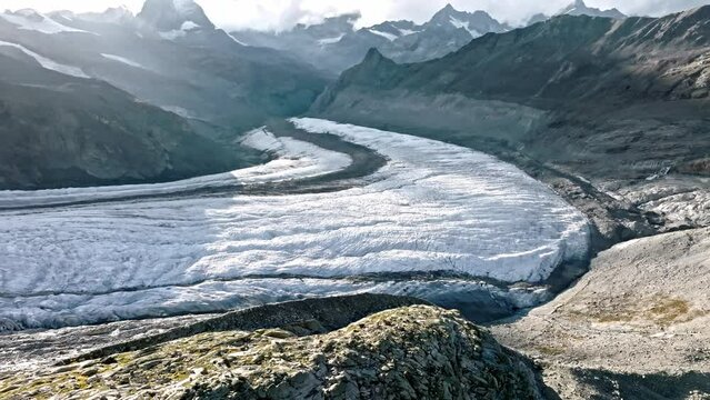 The Monte Rosa hut in Switzerland alps. Drone flight to the left
