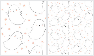 Cute Halloween Seamless Vector Patterns with Sweet Little Ghost Among Pink Stars on a White Background. Hand Drawn Halloween Print with Kawaii Style Spooky  Ghost ideal for Wrapping Paper, Fabric.