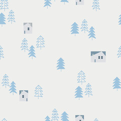 Seamless repeating pattern with snowy fir trees and home. Christmas, New Year, winter concept. Backound for for gift wrap, surface sign and other design projects
