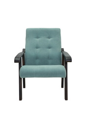 blue fabric armchair with wooden elbow and legs on white background, front view