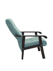 blue fabric armchair with wooden elbow and legs on white background, side view