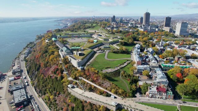 Aerial view drone of Quebec City. Amazing view of the Citadel and buildings. 4K