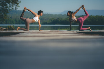 beautiful female healthy lifestyle, young sport girl woman person exercise with outdoor yoga of morn nature summer sunrise or sunset, fitness to peace relax meditation of body balance training pose