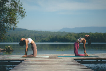 beautiful female healthy lifestyle, young sport girl woman person exercise with outdoor yoga of morn nature summer sunrise or sunset, fitness to peace relax meditation of body balance training pose