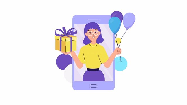 girl character pops up from smartphone screen with balloons and present box. 2d flat animation. Gift give away, Mobile Marketing, earning prizes, bonus or rewards from store. online present