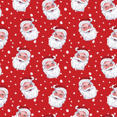 Watercolor Santa Claus portrait and falling snow seamless pattern.