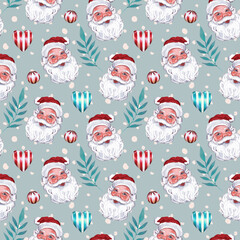 Hand drawn Santa Claus portrait,  heart candy, snow and green leaves graphic pattern.