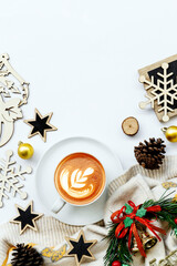 Christmas background with coffee cup, festive decorations, Christmas poster, greeting, coffee banner, Pictures for decorating a coffee shop on Christmas day
