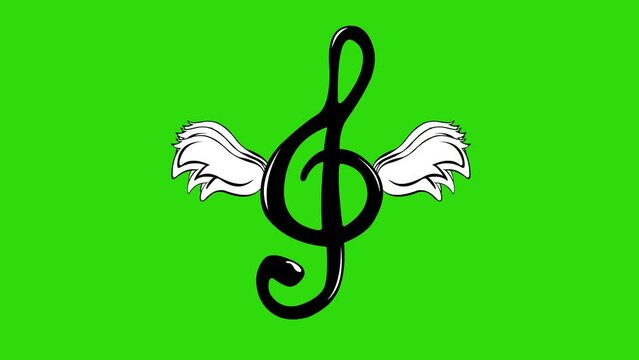 Winged treble clef miscal note animation, flapping wings. On a green chroma key background