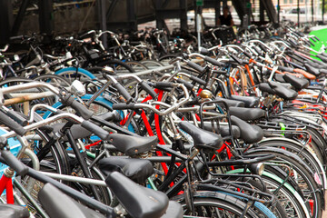 Amsterdam bicycle parking lot, green transportatation, clear air city, urban ecology concept. Amsterdam, Netherlands, 