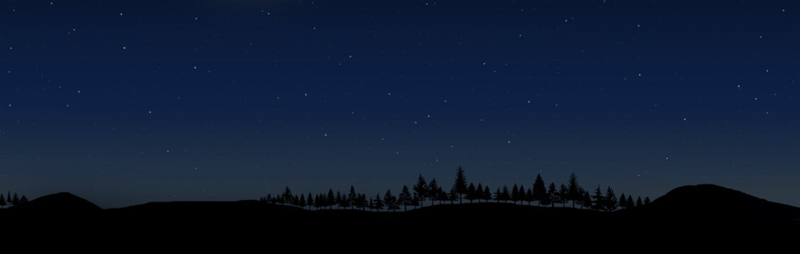 Night panoramic landscape illustration with stars, mountain and trees. Background image