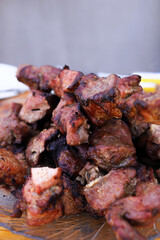 Shish kebab BBQ fresh fried meat closeup. Vertical Orientation