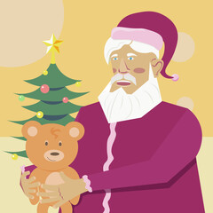 fashionable Santa Claus stands on the background of a Christmas tree and gives a teddy bear