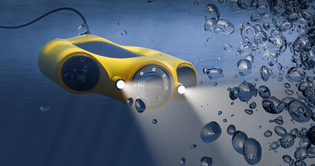 Underwater drone in action - the concept of a diving device with cameras and lighting for filming the underwater world - 3d render