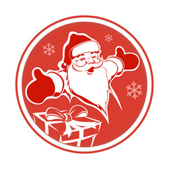 Christmas round sign with Santa Claus and box and snowflakes.