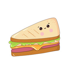 Kawaii sandwich with ham and cheese on transparent background