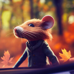 Süße Maus im Anzug im Wald umgeben von Herbstlaub, Illustration, 3D, AI