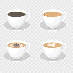 White cups of coffee. Cappuccino latte americano espresso cocoa. Hot coffee in white cups. Vector illustration EPS10