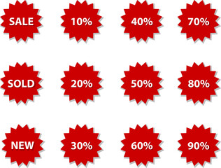 Sale badges; tags vector. Set of red color icons Sale; Sold; New; Percentage discounts.