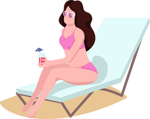 Woman on beach longue semi flat color raster character. Sitting figure. Full body person on white. Beach relaxation simple cartoon style illustration for web graphic design and animation