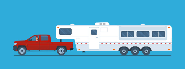 Pickup truck with a large caravan trailer and a male driver isolated. Vector illustration.