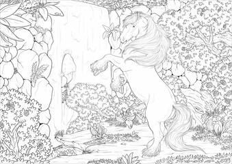Canyon, waterfall and Horse A4 Coloring Book - obrazy, fototapety, plakaty