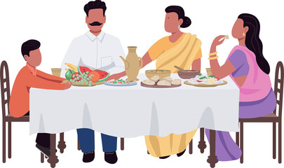 Family dinner semi flat color raster characters. Sitting figures. Full body person on white. Eating and drinking simple cartoon style illustration for web graphic design and animation