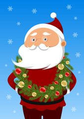 Santa with Christmas wreath. Vector illustration.