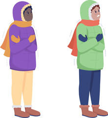 Kids shaking from cold semi flat color raster character set. Standing figure. Full body people on white. Freeze isolated modern cartoon style illustration for graphic design and animation collection