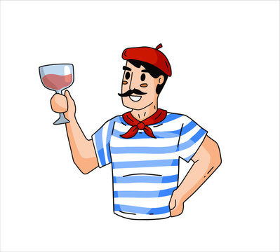 French man with mustache, glass of red wine and beret. Funny drawing of Frenchman. Typical European character. Cartoon illustration isolated on white