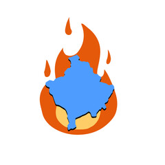 Kosovo on fire. Military conflict and political problem concept. Blue Map of State
