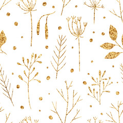 Gold floral pattern background. Vector glitter textured seamless pattern with fir branches, leaf, berries. Perfect for winter and autumn holidays. Golden Merry Christmas and New year florals