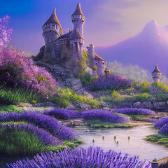 fairy-tale castle with a pond, a bridge and dense vegetation of lavender bushes