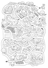 Kids maze puzzle. Help to get to the goal along the tangled roads in the village. Cartoon characters. Funny vector illustration. Isolated on white background. Black and white. Coloring book