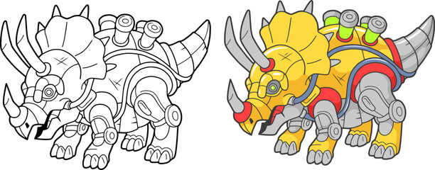 cartoon robot dinosaur triceratops, coloring book, funny illustration