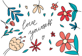 Love yourself, vector flower banner, postcard