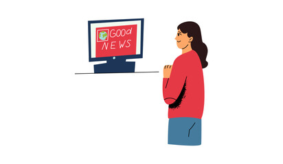 A woman looks at the computer screen, TV. Waiting for good news, world news. Good news. Flat vector illustration for a website, banner on a white background