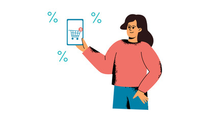 A woman shows a mobile phone screen. A customer using a smartphone makes purchases through the Internet, discounts, sale. Flat vector illustration isolated on a white background
