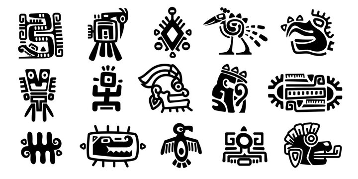 Mayan symbols. Ancient civilization religious totem characters, monochrome icons of mexican indian aztec inca indigenous. Vector isolated set